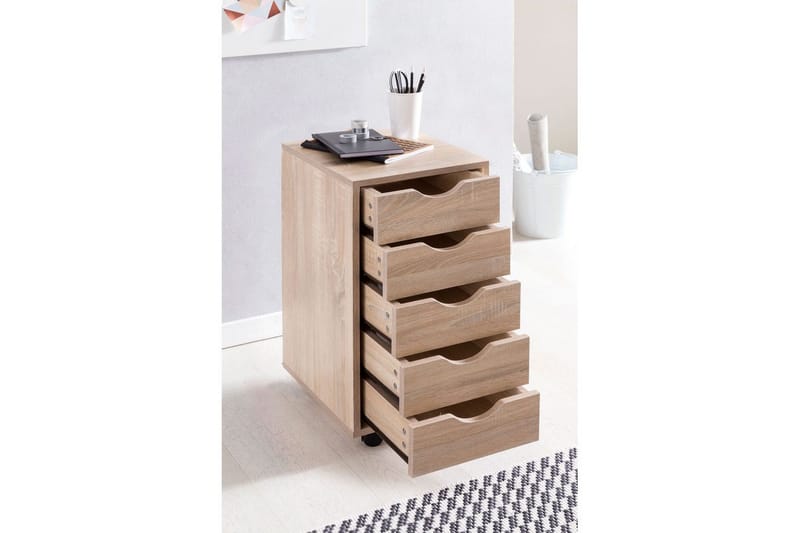Rullakontti Wohnling 5 laatikkoa, pyörillä varustettu kalustelevy, moderni tyyli Sonoma - Sonoma - Säilytys - Piensäilytys - Säilytysteline - Kannettavan tietokoneen teline