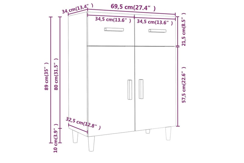 beBasic Senkki betoninharmaa 69,5x34x89 cm tekninen puu - Harmaa - Eteisen säilytys - Lipasto