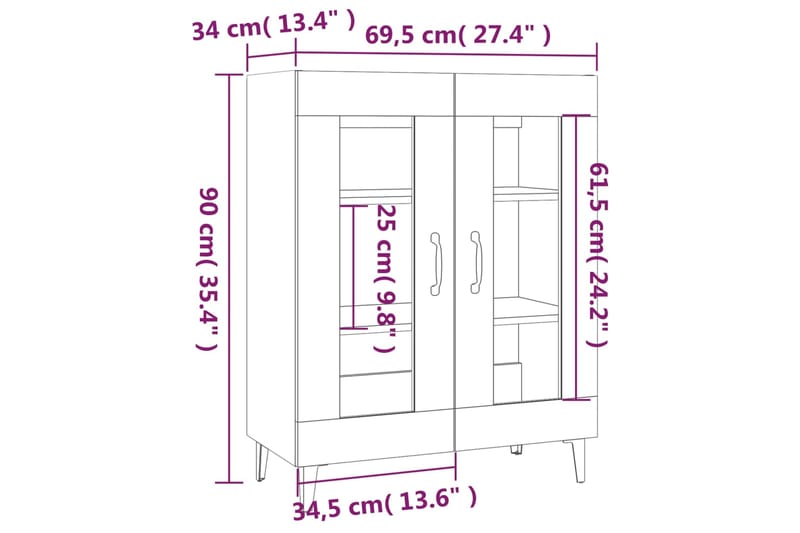 beBasic Senkki harmaa Sonoma 69,5x34x90 cm tekninen puu - Harmaa - Säilytys - Säilytyskalusteet - Senkki