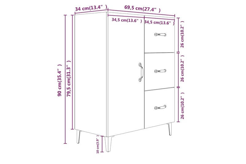 beBasic Senkki Sonoma-tammi 69,5x34x90 cm tekninen puu - Ruskea - Eteisen säilytys - Lipasto