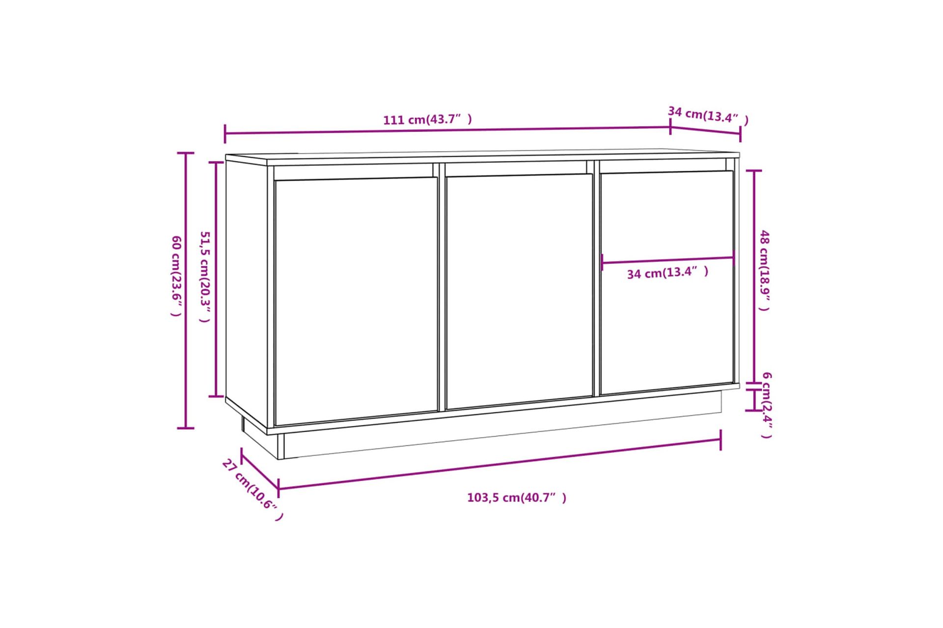 beBasic Senkki valkoinen 111x34x60 cm täysi mänty - Valkoinen - Säilytys - Säilytyskalusteet - Senkki