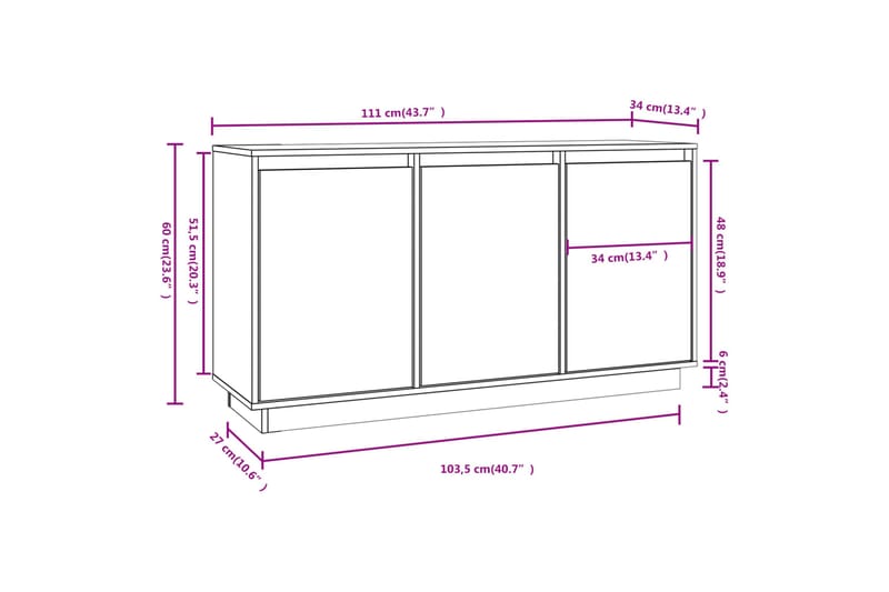 beBasic Senkki valkoinen 111x34x60 cm täysi mänty - Valkoinen - Säilytys - Säilytyskalusteet - Senkki