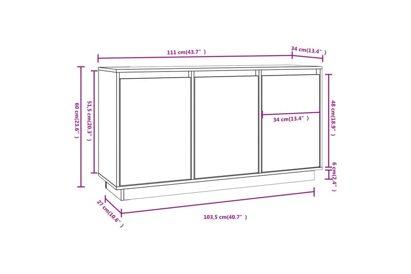 beBasic Senkki valkoinen 111x34x60 cm täysi mänty - Valkoinen - Senkki