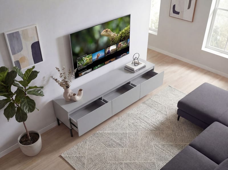 Dorvik TV-taso 150 cm, 3 laatikolla - vaaleanharmaa ja musta - Säilytys - Säilytyskalusteet - Senkki