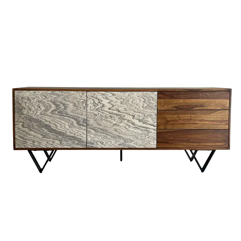 Jesvik-senkki 175x71x40 cm massiivista sheesham-puuta, kivijäljitelmäiset etupinnat, valkoinen ja luonnonpuu