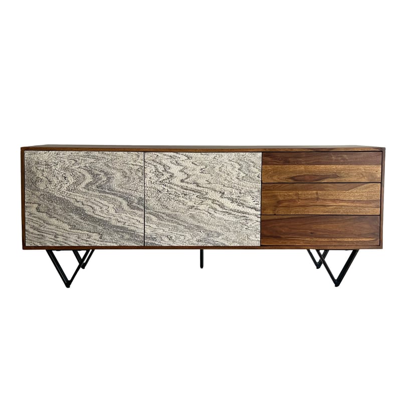 Jesvik-senkki 175x71x40 cm massiivista sheesham-puuta, kivijäljitelmäiset etupinnat - valkoinen ja luonnonpuu - Säilytys - Säilytyskalusteet - Senkki