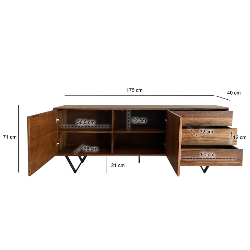 Jesvik-senkki 175x71x40 cm massiivista sheesham-puuta, kivijäljitelmäiset etupinnat - valkoinen ja luonnonpuu - Säilytys - Säilytyskalusteet - Senkki