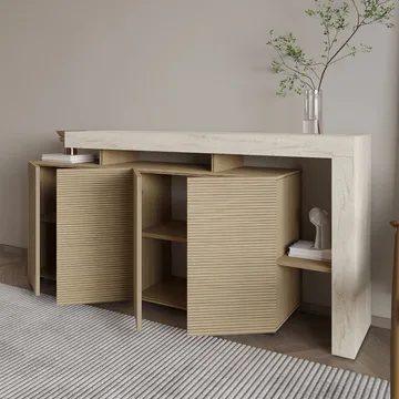 Jurukovo konsolipöytä 170x80x35 cm - Travertiini ja lämmin tammi - Säilytys - Säilytyskalusteet - Senkki