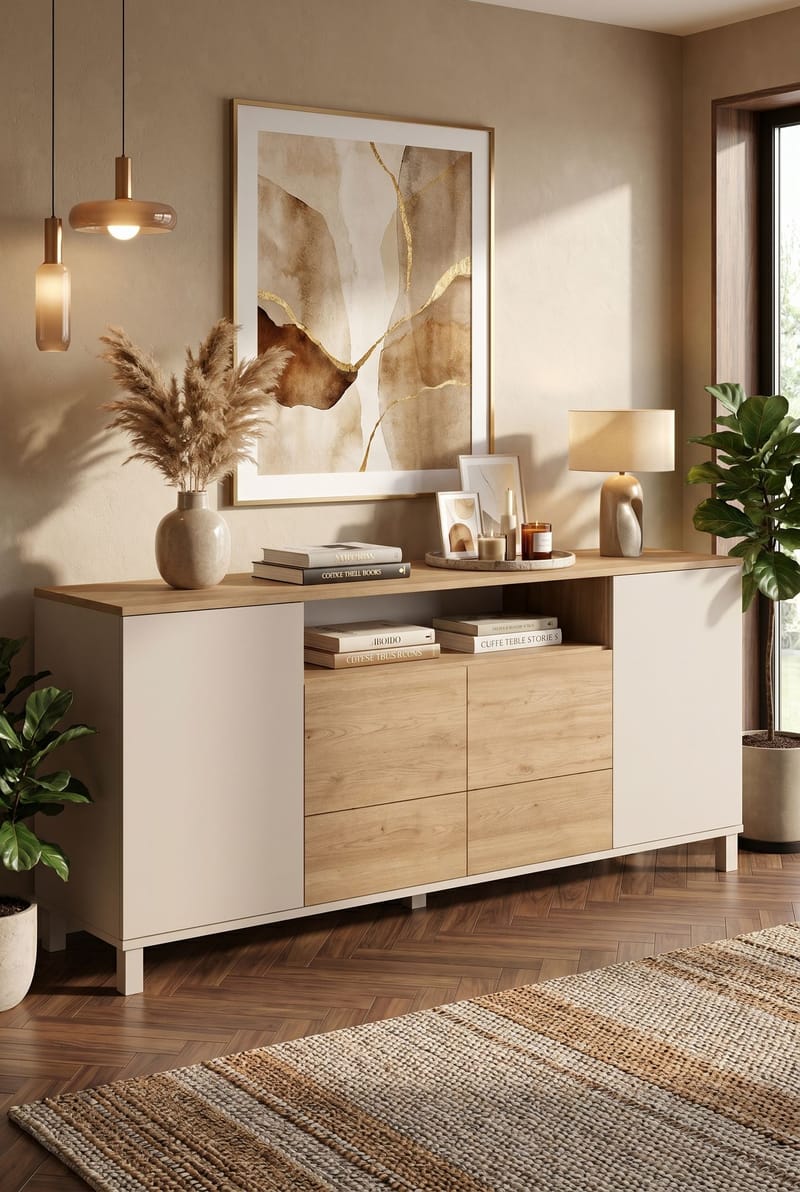 Konsolipöytä Hanah Home Mood (180 x 82,4 x 44,5 cm) Hiekkatammi - Hiekkatammi - Säilytys - Säilytyskalusteet - Senkki