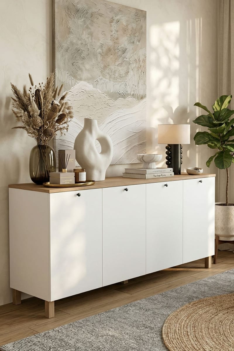 Konsolipöytä Hanah Home Nord (180 x 80 x 42,1 cm) Valkotammi - Valkoinen ja tammi - Säilytys - Säilytyskalusteet - Senkki