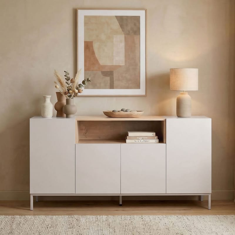 Konsolipöytä Nordure Rialto (160 x 80 x 40 cm) Hiekkakivi safiiri tammi - Sandstone ja Sapphire Oak - Säilytys - Säilytyskalusteet - Senkki