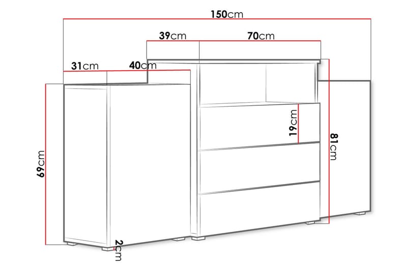 Lipasto Turowo 39x150 cm LED - Valkoinen - Eteisen lipasto - Eteisen säilytys - Lipasto peilillä - Lipasto