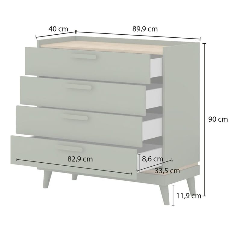 Lipasto Scandi ja 4 laatikkoa - Haalistunut vihreä - öljytty tammi - Säilytys - Säilytyskalusteet - Lipasto