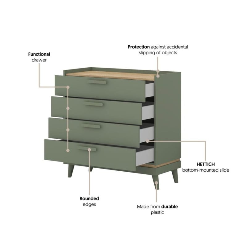 Lipasto Scandi ja 4 laatikkoa - Haalistunut vihreä - öljytty tammi - Säilytys - Säilytyskalusteet - Lipasto