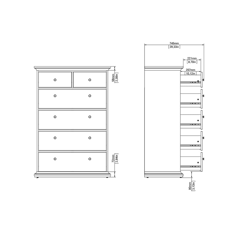 Paris lipasto 6 laatikolla 96x48x140 cm - Säilytys - Säilytyskalusteet - Lipasto