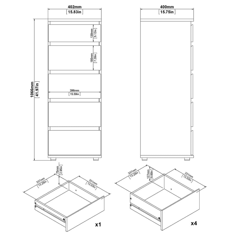 Rengo lipasto 5 laatikolla 40x40x107 cm - Säilytys - Säilytyskalusteet - Lipasto