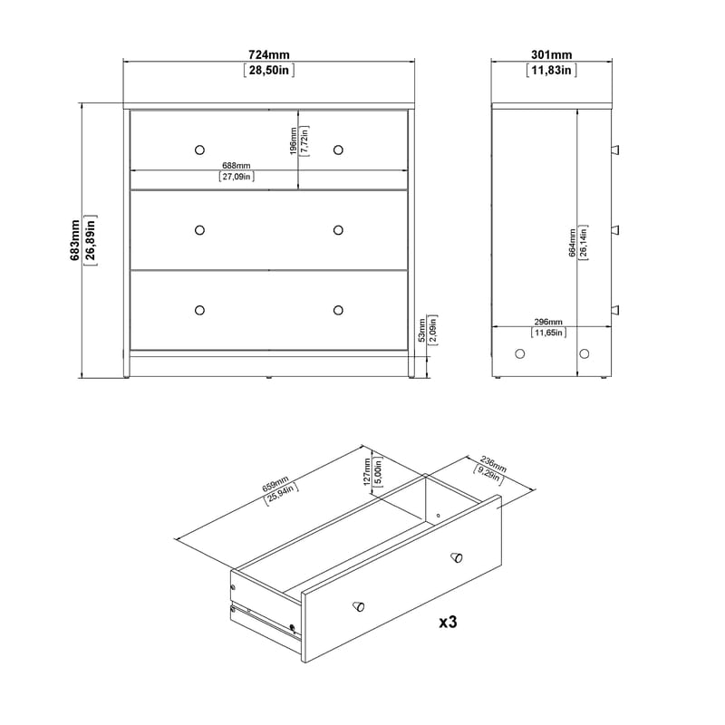 Renor lipasto 3 laatikkoa 72x30x68 cm - Säilytys - Säilytyskalusteet - Lipasto