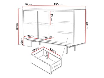 Rolden senkki 150x90 cm puuta pähkinäpuujäljitelmällä ja metallijaloilla - Pähkinä - Säilytys - Säilytyskalusteet - Senkki