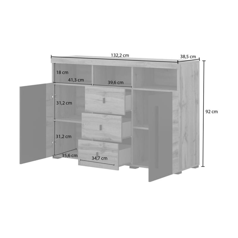 Senkki Roger 2 Ovea ja 3 Laatikkkoa - Wotan tammi, 132 cm - Säilytys - Säilytyskalusteet - Senkki