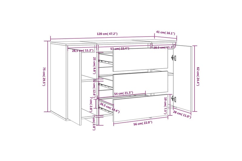 Senkki 3 vetolaatikkoa musta 120x41x75cm lastulevy - Musta - Säilytys - Säilytyskalusteet - Senkki