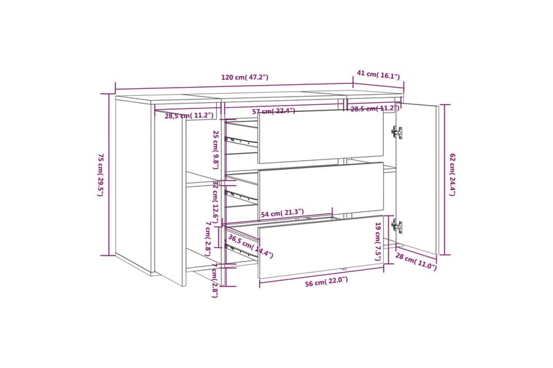 Senkki 3 vetolaatikolla betoninharmaa 120x41x75 cm lastulevy - Harmaa - Senkki