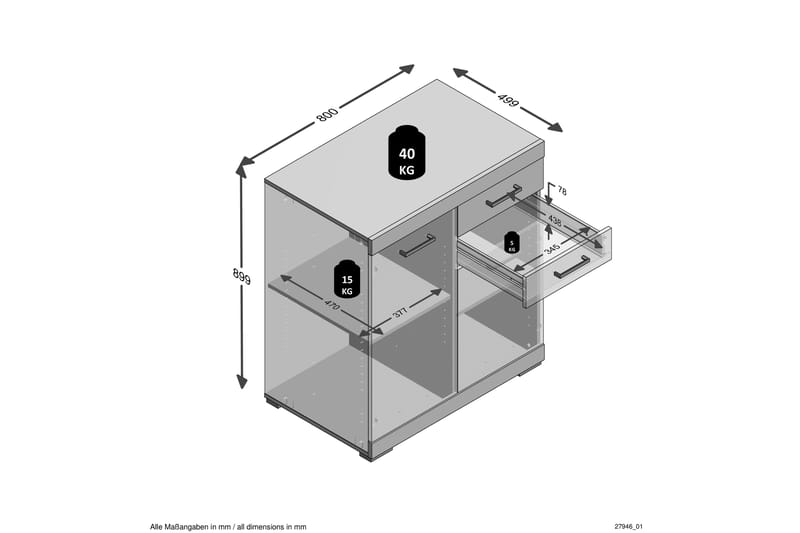 Senkki Rhonda 80 cm 2 ovea 2 laatikkoa - Vaalea Tammi - Säilytys - Säilytyskalusteet - Senkki
