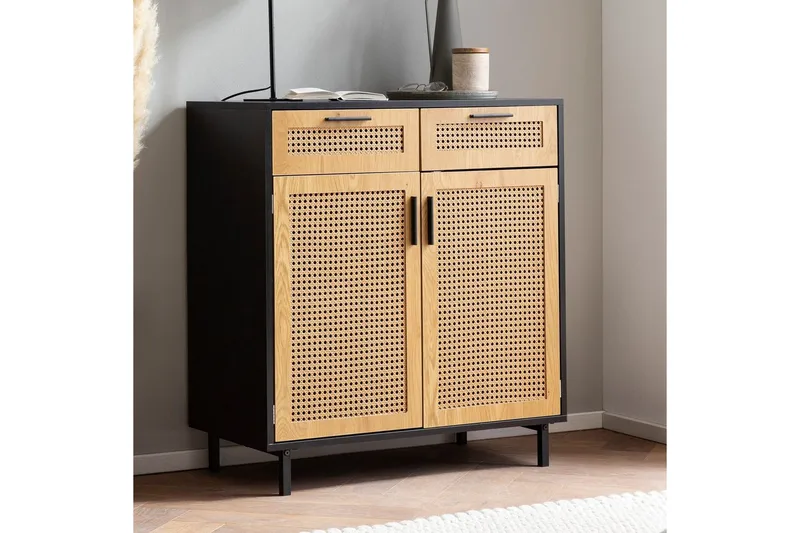 Senkki Wohnling Melamiinipäällysteinen MDF 80 cm 2 ovea 2 laatikkoa wieniläisellä punonnalla moderni - Huonekalut - Pöytä & ruokailuryhmä - Apupöytä & sivupöytä - Tarjotinpöytä & pikkupöytä