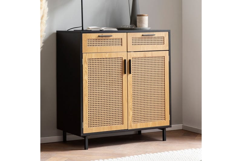 Senkki Wohnling Melamiinipäällysteinen MDF 80 cm 2 ovea 2 laatikkoa wieniläisellä punonnalla moderni - Huonekalut - Pöytä & ruokailuryhmä - Apupöytä & sivupöytä - Tarjotinpöytä & pikkupöytä