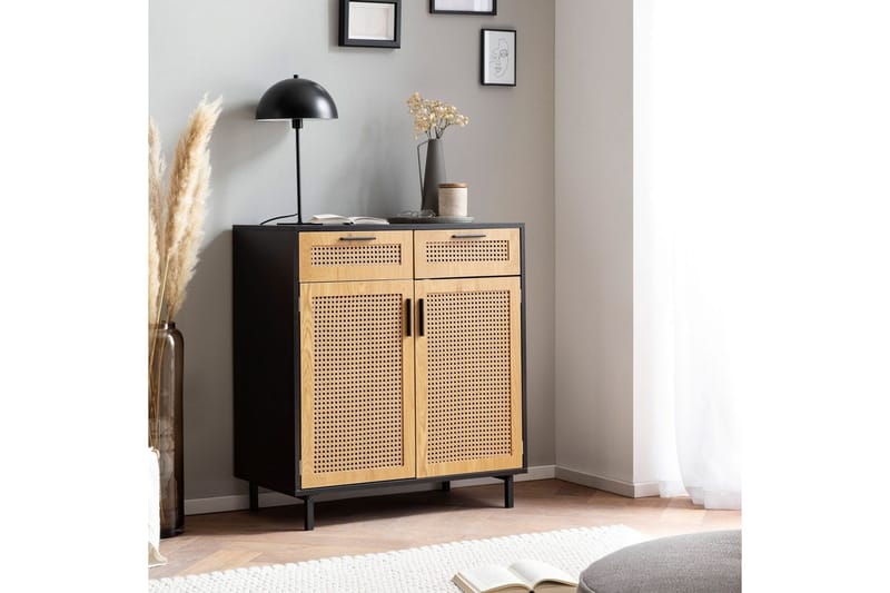 Senkki Wohnling Melamiinipäällysteinen MDF 80 cm 2 ovea 2 laatikkoa wieniläisellä punonnalla moderni - Huonekalut - Pöytä & ruokailuryhmä - Apupöytä & sivupöytä - Tarjotinpöytä & pikkupöytä