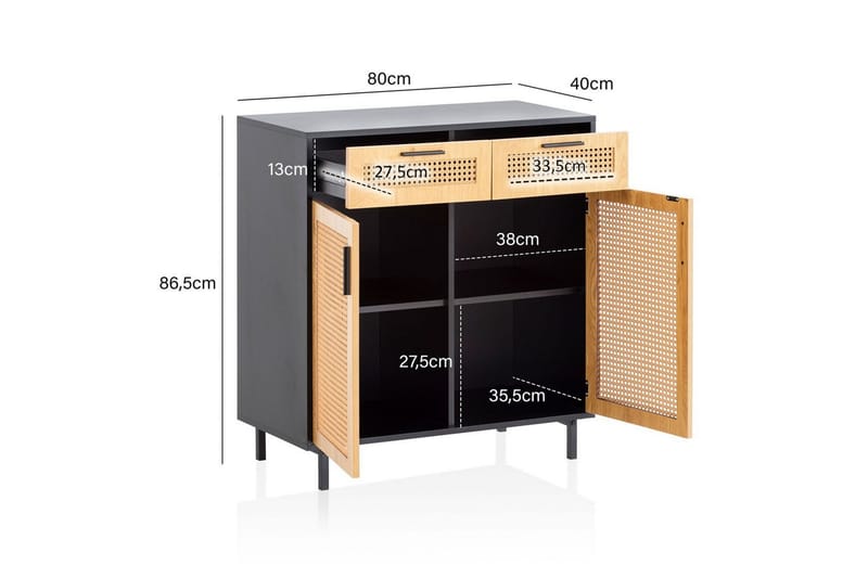 Senkki Wohnling Melamiinipäällysteinen MDF 80 cm 2 ovea 2 laatikkoa wieniläisellä punonnalla moderni - Huonekalut - Pöytä & ruokailuryhmä - Apupöytä & sivupöytä - Tarjotinpöytä & pikkupöytä