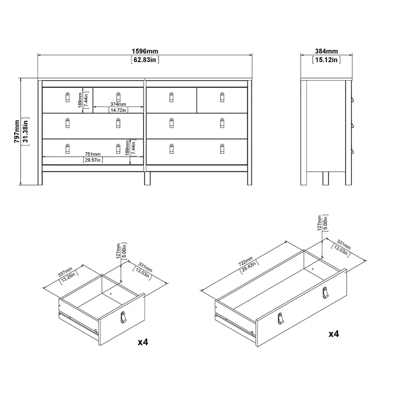 Vallvidera lipasto 4 pientä ja 4 suurempaa laatikkoa 160 cm - Säilytys - Säilytyskalusteet - Lipasto