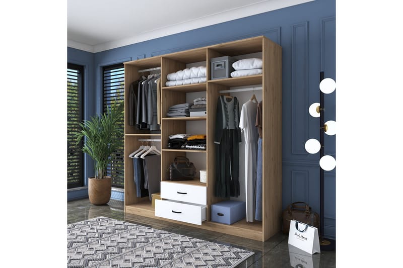 Jagdesh vaatekaappi 210x210 cm ruskea/valkoinen - Hanah Home - Säilytys - Vaatesäilytys - Vaatekaappi