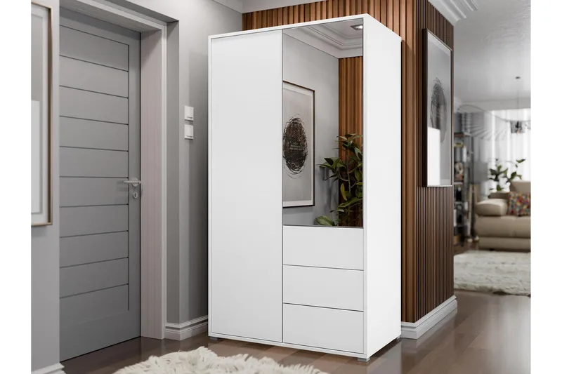 Agawal Vaatekaappi Peilillä 100x178 cm - Valkoinen - Säilytys - Vaatesäilytys - Vaatekaappi