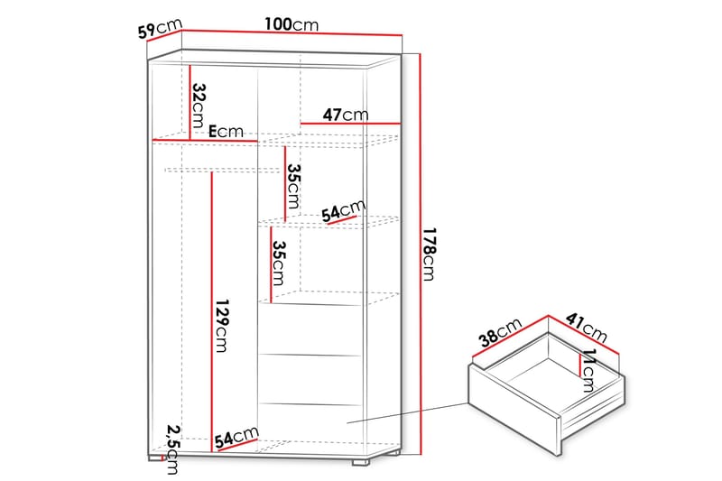 Agawal Vaatekaappi peilillä 100x175 cm - Ruskea - Säilytys - Vaatesäilytys - Vaatekaappi