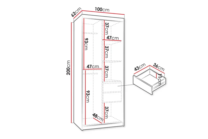 Amira Vaatekaappi Peilillä 100x200 cm - Säilytys - Vaatesäilytys - Vaatekaappi