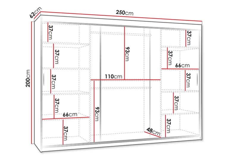 Amira Vaatekaappi Peilillä 250x200 cm - Säilytys - Vaatesäilytys - Vaatekaappi