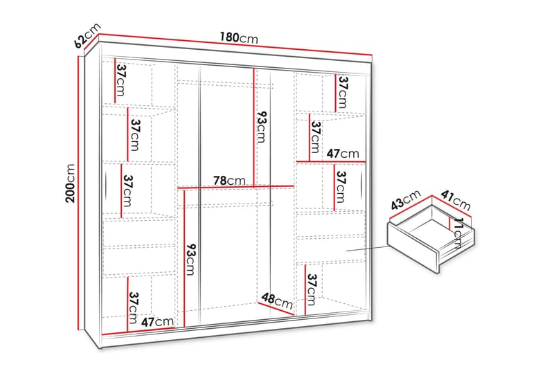 Amira Vaatekaappi Peilillä 180x200 cm - Säilytys - Vaatesäilytys - Vaatekaappi