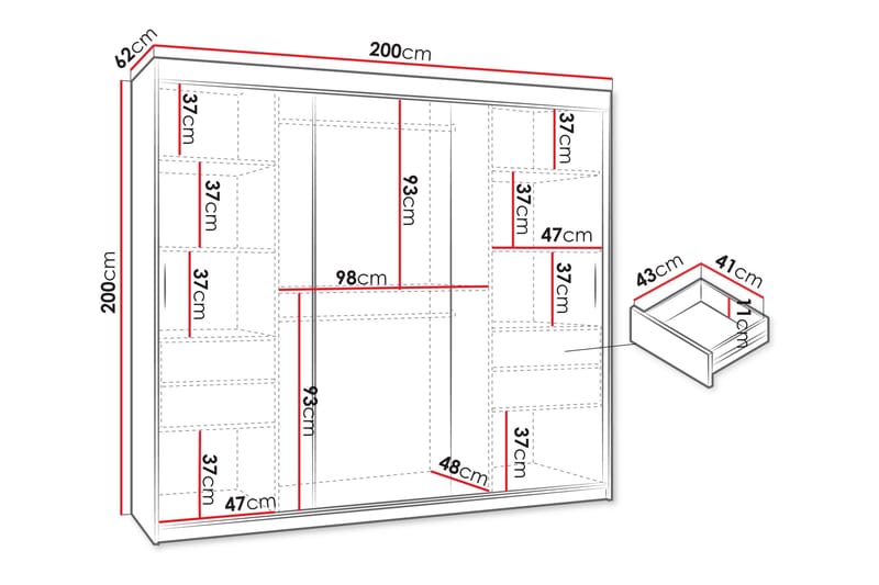 Amira Vaatekaappi Peilillä 200x200 cm - Säilytys - Vaatesäilytys - Vaatekaappi