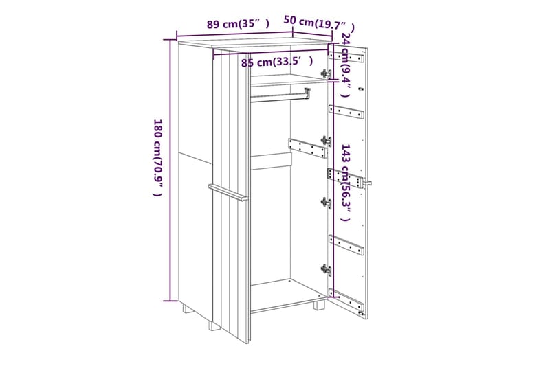 beBasic Vaatekaappi hunajanruskea 89x50x180 cm täysi mänty - Ruskea - Vaatekaappi