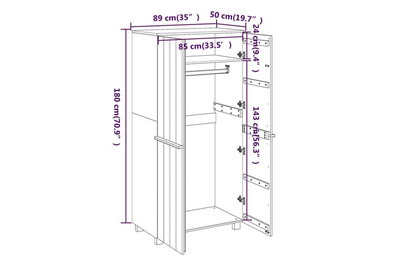 beBasic Vaatekaappi valkoinen 89x50x180 cm täysi mänty - Valkoinen - Vaatekaappi