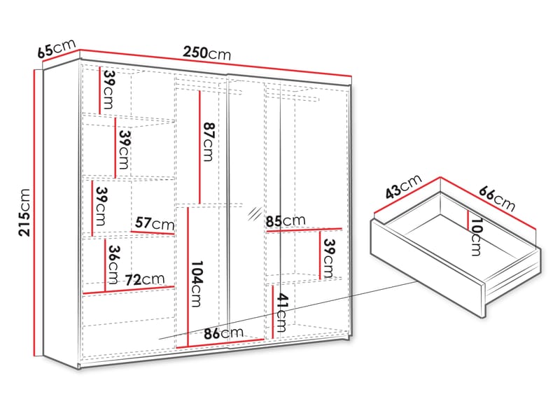 Binche Vaatekaappi peilillä 250x215 cm - Harmaa - Säilytys - Vaatesäilytys - Vaatekaappi