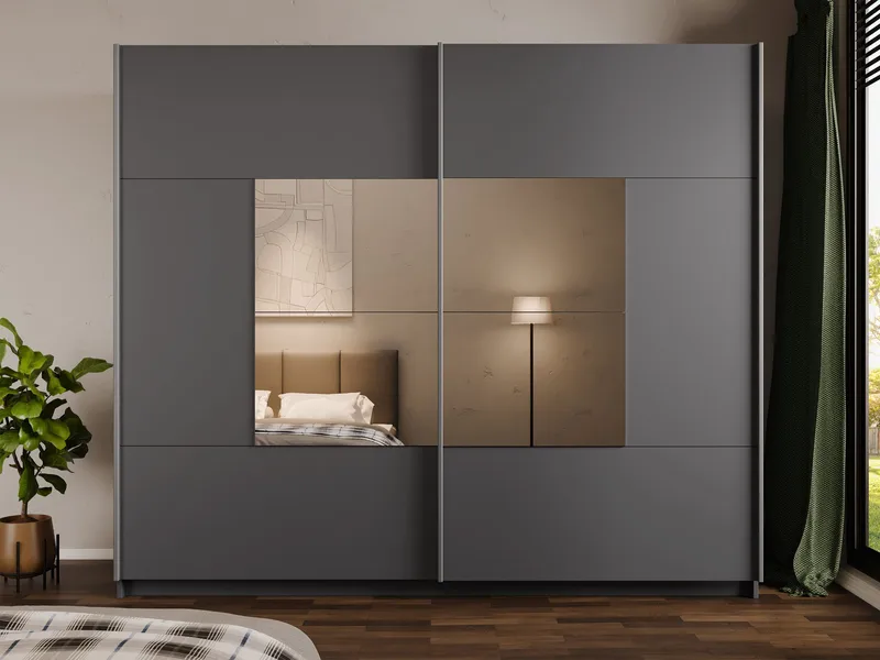 Binche Vaatekaappi peilillä 250x215 cm - Harmaa - Säilytys - Vaatesäilytys - Vaatekaappi