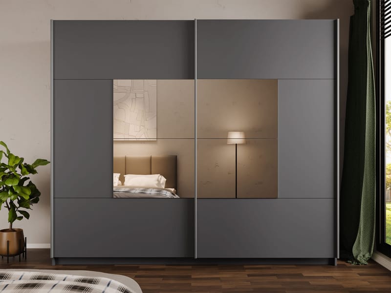 Binche Vaatekaappi peilillä 250x215 cm - Harmaa - Säilytys - Vaatesäilytys - Vaatekaappi