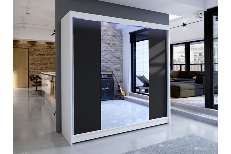 Canderbury Vaatekaappi Peilillä 180x215 cm - Valkoinen/Musta - Säilytys - Vaatesäilytys - Vaatekaappi