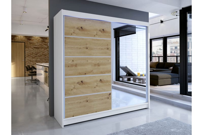 Canderbury Vaatekaappi Peilillä 180x215 cm - Valkoinen/Ruskea - Säilytys - Vaatesäilytys - Vaatekaappi