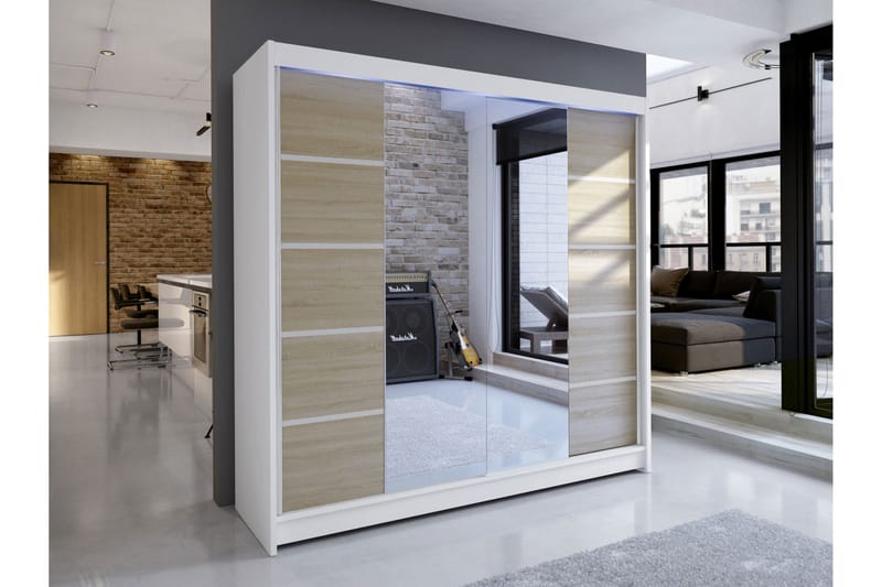 Canderbury Vaatekaappi Peilillä 180x215 cm - Valkoinen/Ruskea - Säilytys - Vaatesäilytys - Vaatekaappi