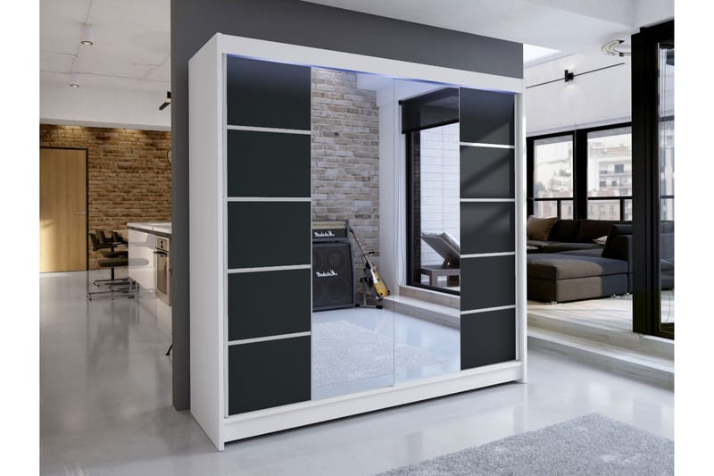 Canderbury Vaatekaappi Peilillä 180x215 cm - Valkoinen/Musta - Säilytys - Vaatesäilytys - Vaatekaappi