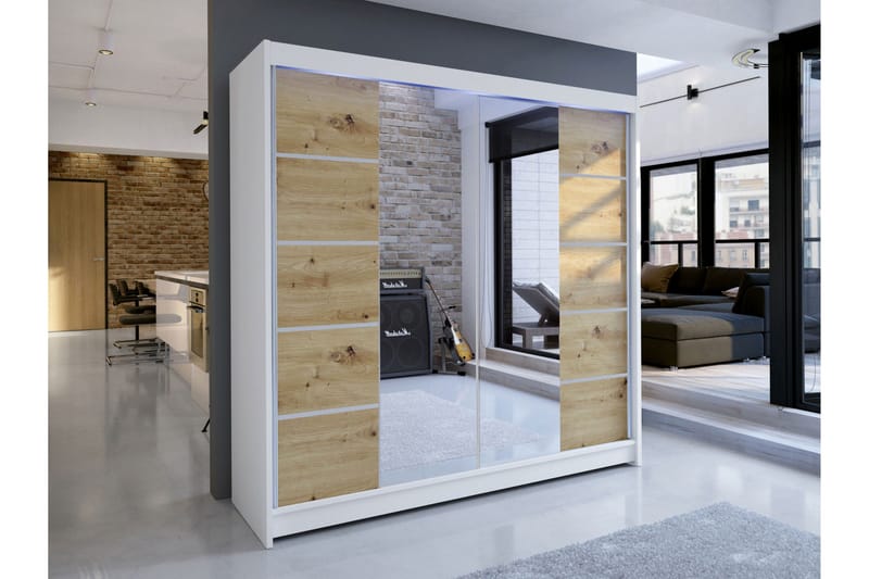 Canderbury Vaatekaappi Peilillä 180x215 cm - Valkoinen/Ruskea - Säilytys - Vaatesäilytys - Vaatekaappi