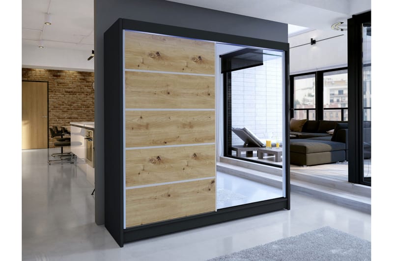 Canderbury Vaatekaappi Peilillä 180x215 cm - Musta/Ruskea - Säilytys - Vaatesäilytys - Vaatekaappi