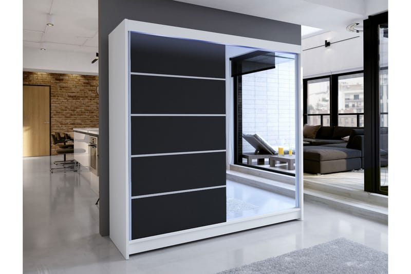 Canderbury Vaatekaappi Peilillä 180x215 cm - Valkoinen/Musta - Säilytys - Vaatesäilytys - Vaatekaappi